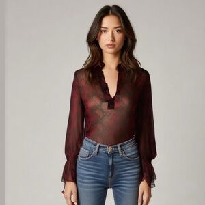 Nili Lotan Black and Red Tie Front Blouse with Bishop Sleeves size xs